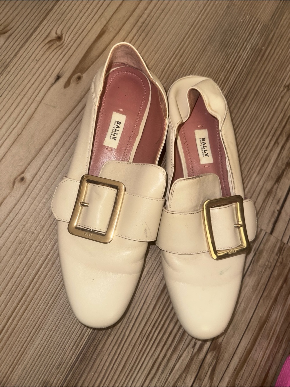 Bally Cream Leather Loafers with Gold Buckles